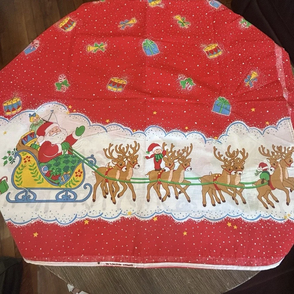 Vtg Springs Industries Christmas Santa Sleigh Reindeer Tablecloth Fabric 76x70